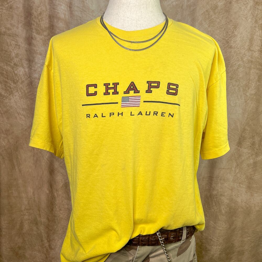 Vintage Chaps Ralph Lauren T-Shirt Spell Out Graphic Tee USA Flag Yellow Skater